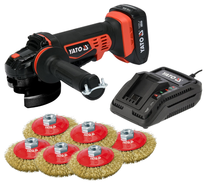 Esmeril Angular 4-1/2" 18 V 2.0 AH + Batería + Cargador y 6 Cepillos Cónicos Gratis Yato