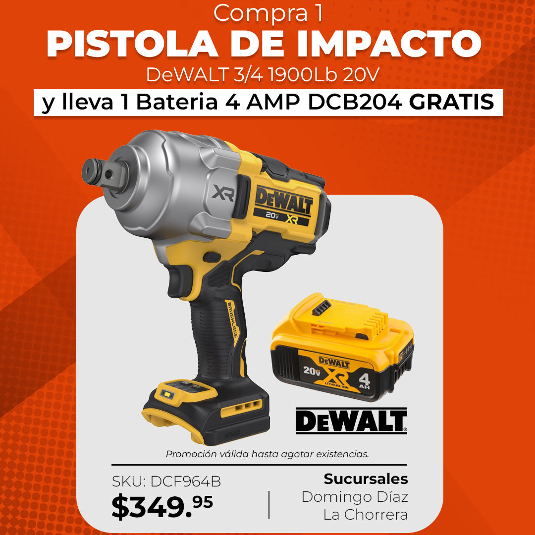 Pistola de Impacto DeWalt 3/4" 20V XR (DCF964B) + Batería 4Ah GRATIS