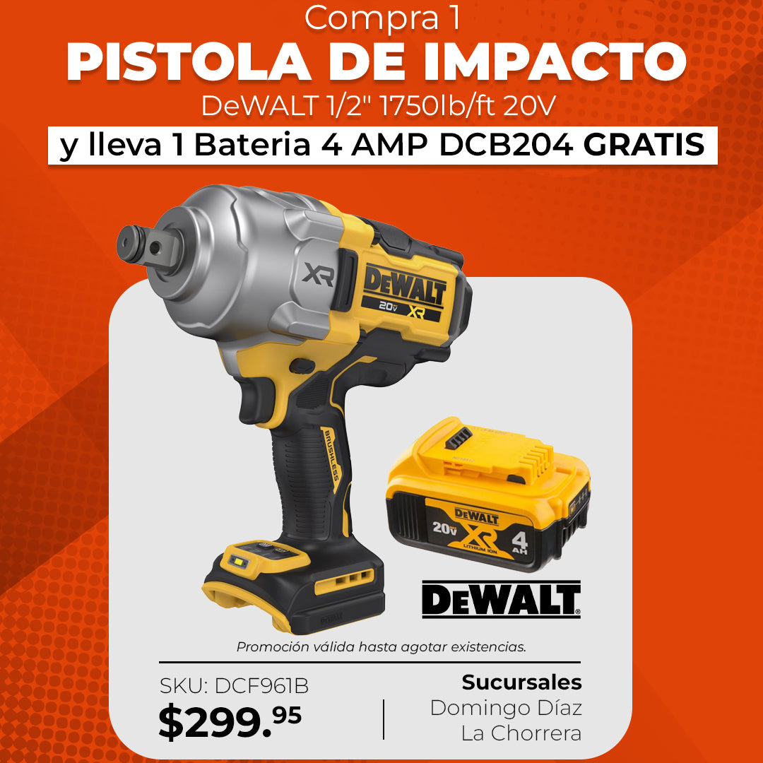 Pistola de Impacto DeWalt 1/2" 20V XR (DCF961B) + Batería 4Ah GRATIS