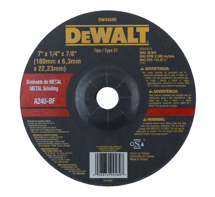 Disco Desbaste Metal 7" x 1/4" x 7/8" DeWalt