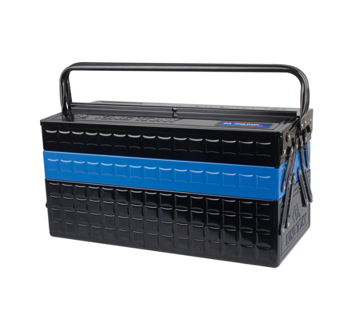 Caja de herramientas plegable de 5 compartimientos negra con azul